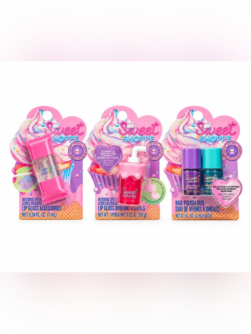 SWEET SHOPPE BEAUTY COLLECTION SCENTED LIP GLOSSES & GLITTER NAIL POLISH 3-PC